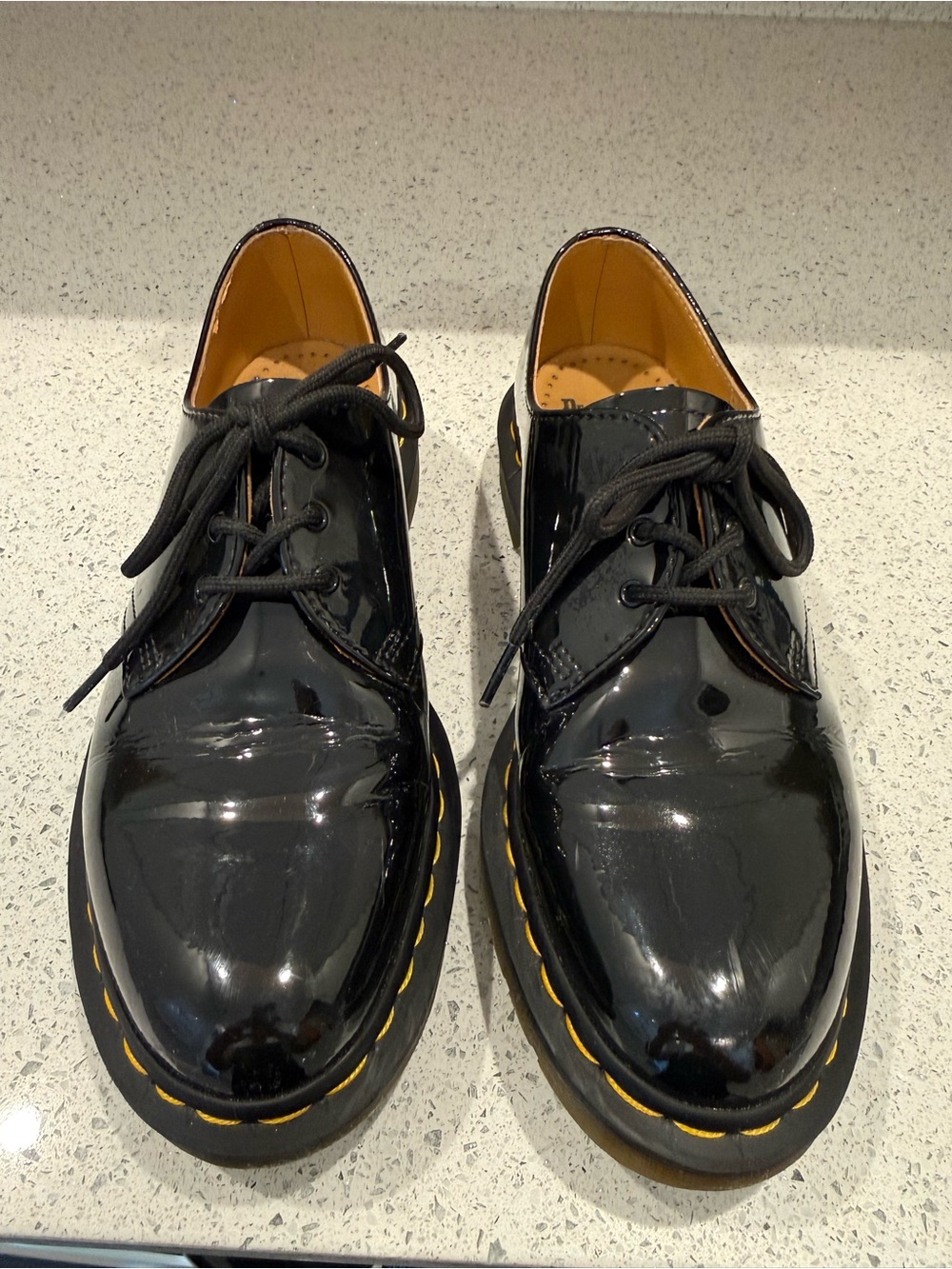Dr. Martens Black Patent Lace-Up Shoes with Yellow Stitching